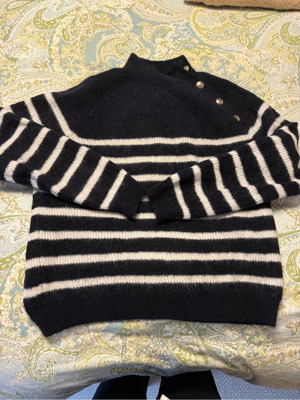 Sezane Navy & White Striped Jumper Sweater with Button Shoulder